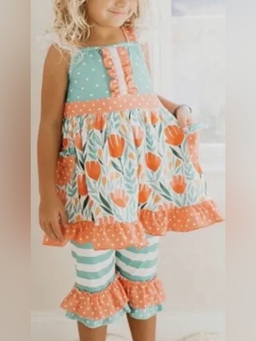 Tunic Ruffle Capris Mixed Print Floral Matching Outfit 2 Pc Set Girls 3-4 Years